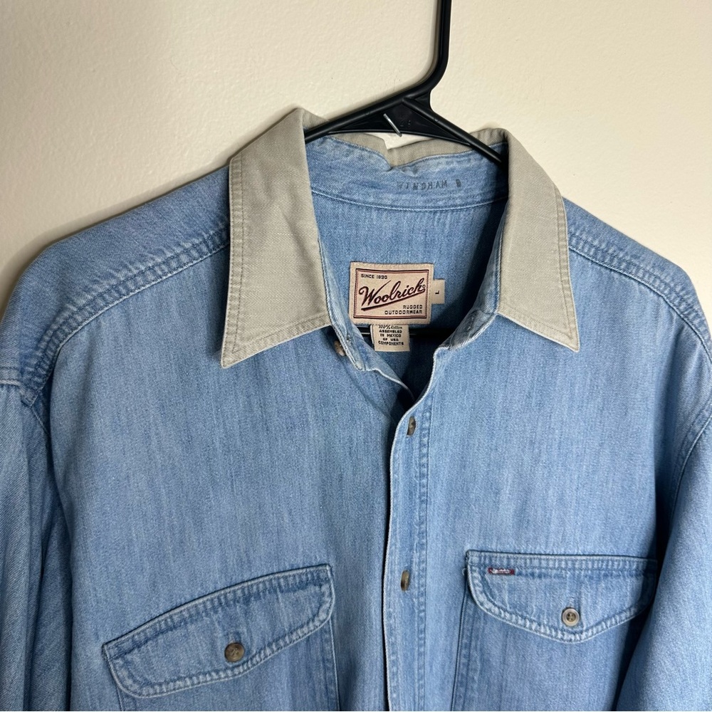 Vintage Woolrich Denim Shirt Elbow Patch Contrast Canvas Collar Work Shirt Large - Picture 3 of 4